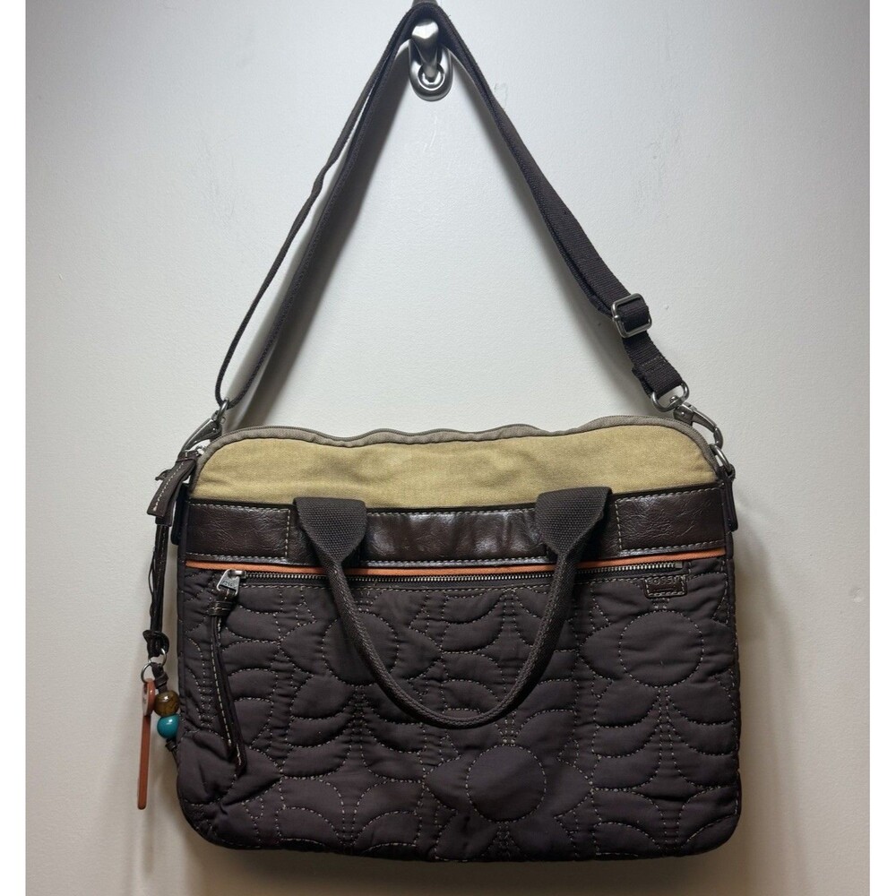 Vintage Quilted Brown Fossil Key-Per Tote Purse w/ Key Charm Y2K 90s Grannycore
